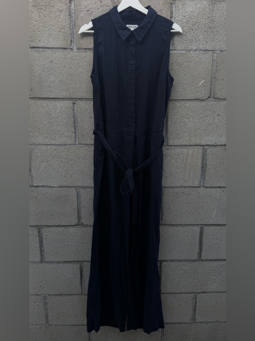 Jaeger 100% Flax Linen Navy Blue M Belted Jumpsuit